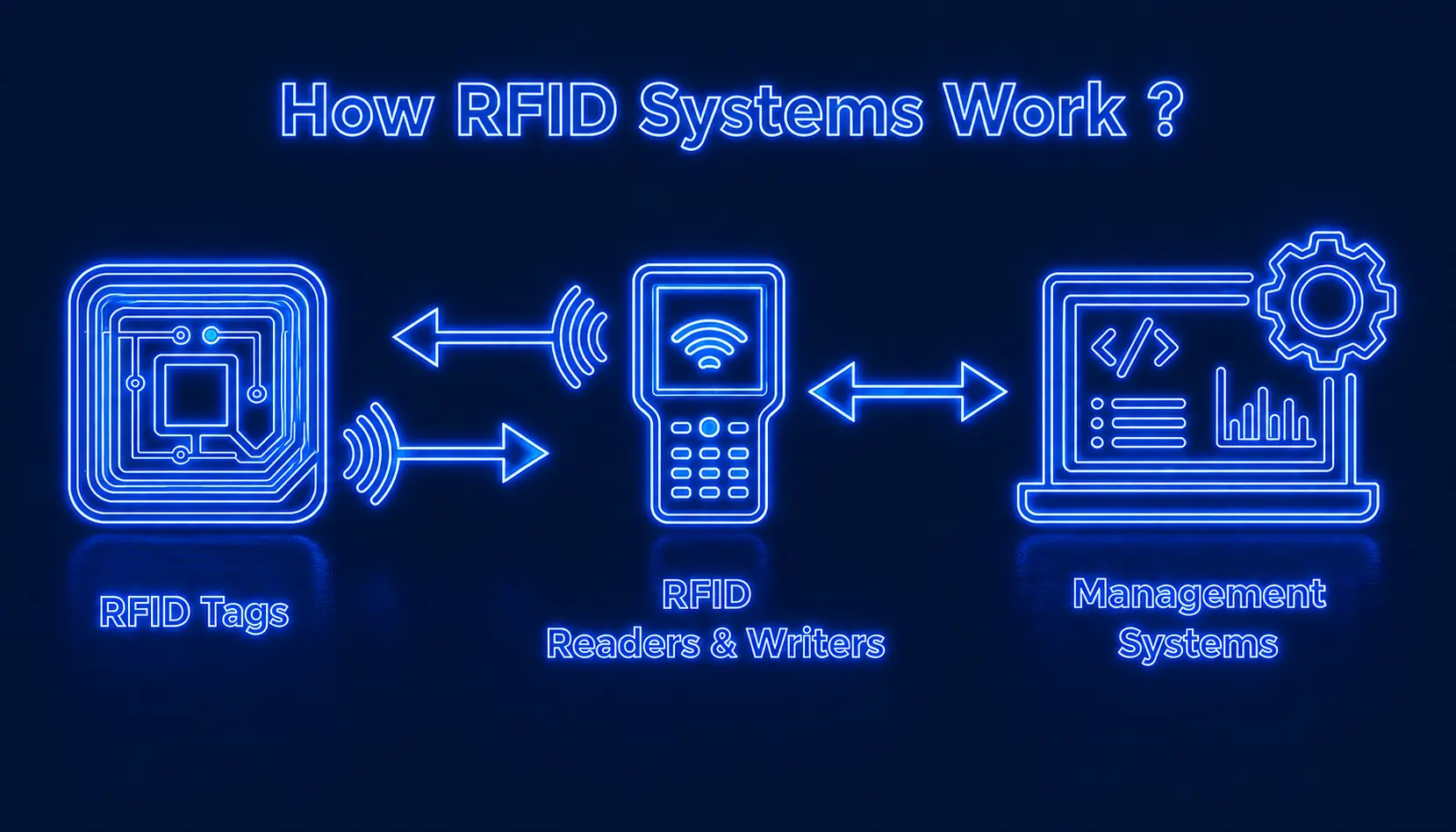 How RFID systems work: RFID tags communicate with RFID readers and writers, which connect to management systems